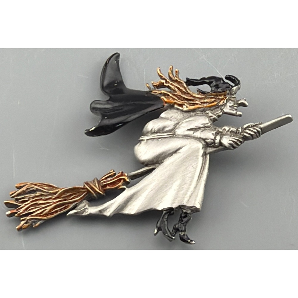 Vintage JJ Witch Brooch Flying Broom Halloween Jonette Jewelry Signed 3"